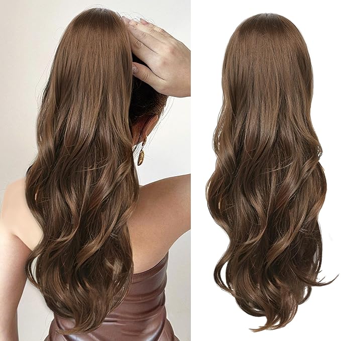 Ponytail Extension, Drawstring Ponytail Extension for Women 23 Inch Long Wavy Light Brown Pony Tails Hair Extensions Synthetic Clip in Ponytail Hairpiece for Women