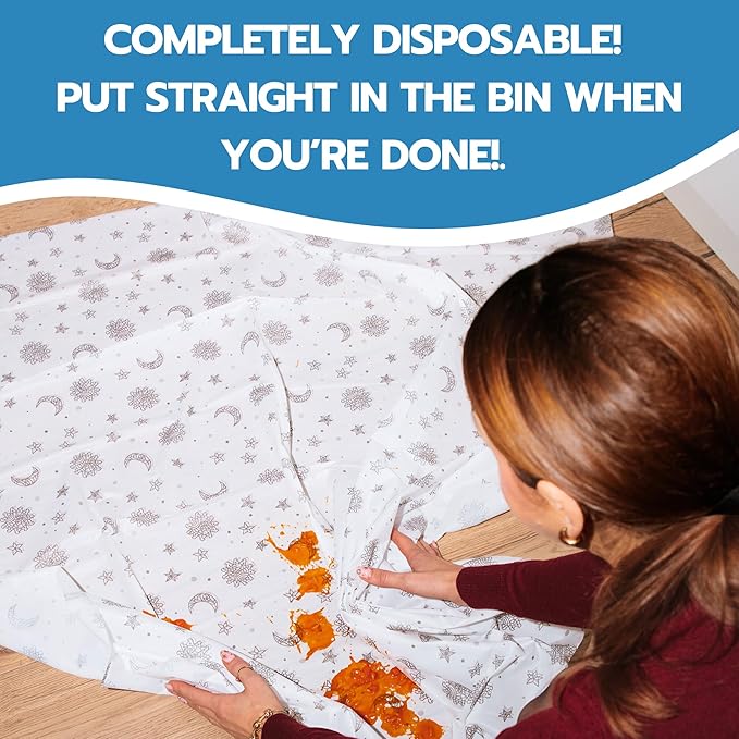 60 Pack Disposable Splat Mats by Eli with Love - Extra Large 49"x49" 100% Waterproof Baby Splat Mat for Under High Chair - Plastic Mat Liner for Floor - Protect from Spills (Moon & Stars, 60 Pack)