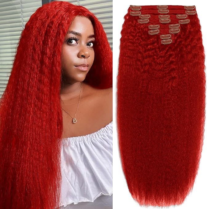 Clip in Hair Extensions Real Human Hair, 110g Remy Human Hair Extensions Clip ins for Women, 8pcs/set Red Kinky Straight Human Hair, Colorful Fashion Clip on Extensions for Full Head