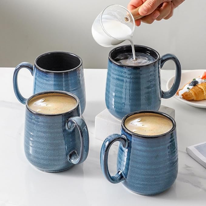 Hasense Coffee Mug Set of 4, 12 Ounce Ceramic Coffee Cups with Handle, Large Mug Set for Coffee, Tea, Chocolate, Modern Mug Gift for Men and women, Dishwasher & Microwave Safe(Blue)