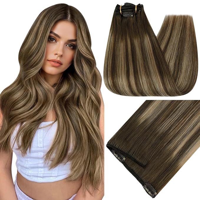 Full Shine Real Hair Clip in Extensions Human Hair 20 Inch Balayage Medium Brown to Honey Blonde Clip Hair Extensions 150 G 7 Pcs