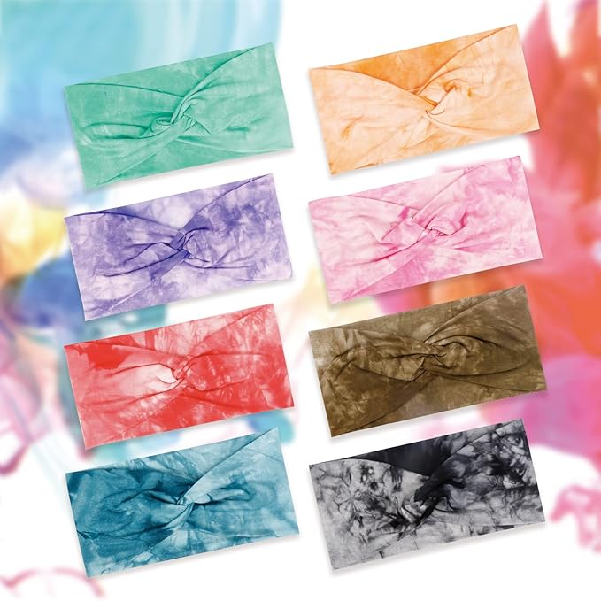 Tobeffect Turban Headbands for Women, 8 Pack Tie Dye Hairbands Fashion Twisted Knot Headwarps Boho Stretchy Turbans Wide Hair Accessories