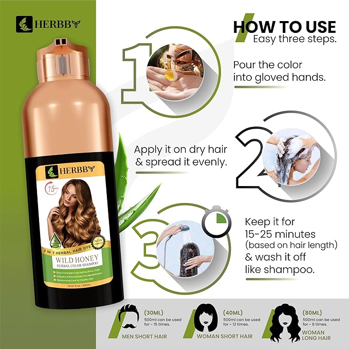 HERBBY Hair Color Shampoo for Gray Hair Coverage&Color Transform with 9 Herbal Extracts –Long Lasting(6-8 Weeks),Shiny,Evenly Colored,Instant Hair Dye Shampoo&Conditioner, 500 Ml (WILD HONEY COLOR)