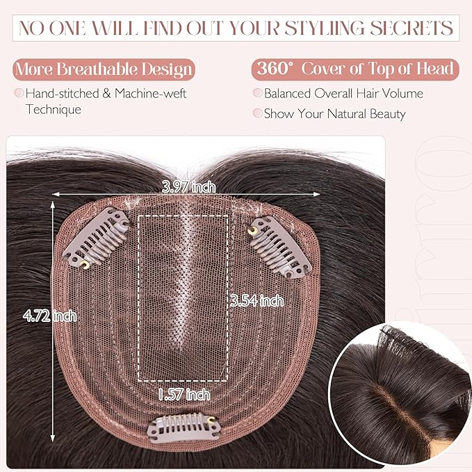 Hairro 100% Human Hair Topper No Bangs, Real Clip in Hair Hairpieces for Women, 3.94x4.72" Silk Base for Thinning Receding High Hairline, 12 Inch Natural Black Middle Part