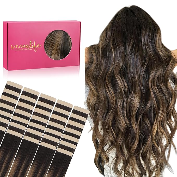 WENNALIFE Tape in Hair Extensions Human Hair, 40pcs 80g 12 inch Balayage Natural Black to Chestnut Brown Hair Extensions Real Human Hair Straight Tape in Extensions Invisible Human Hair Extensions