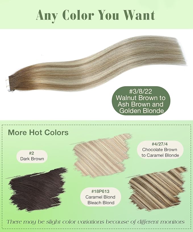 SURNEL Tape in Hair Extensions Balayage Walnut Brown to Ash Brown and Golden Blonde Tape in Human Hair Extensions 18 inch 20pcs 50g(#3/8/22-18)