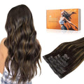 DOORES Seamless Clip-in Hair Extensions, Dark Brown to Chestnut Brown, 7pcs 110g, 14 Inch, Remy Human Hair, Straight, Invisi Edge
