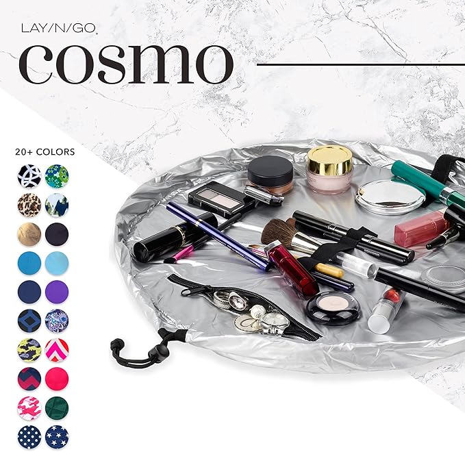 Lay-n-Go Cosmo Layflat Drawstring Cosmetic & Makeup Bag Organizer - Portable Drawstring Makeup Bag w/Zipper Pocket, Makeup Loops & More -Durable, Machine Washable Toiletry Bag (20", Metallic Silver)
