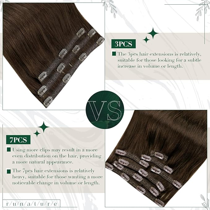RUNATURE Real Hair Extensions Clip in Human Hair, Brown Clip in Hair Extensions for Women, Double Weft Straight Remy Extensions for Thin Hair 18 Inch 50g 3pcs #4 Medium Brown