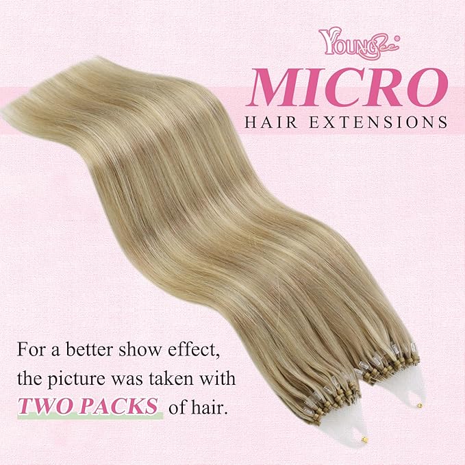 YoungSee Micro Link Hair Extensions Human Hair Blonde Microbead Hair Extensions Human Hair Golden Blonde Highlight Micro Ring Hair Extension 18In 50g 50s Beads Hair Extension Remy Hair for Wedding
