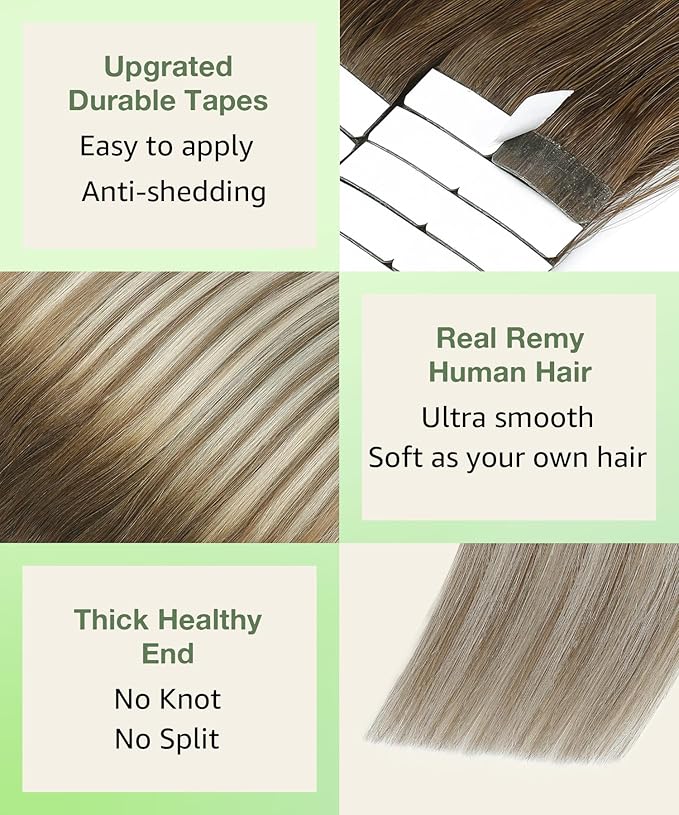 SURNEL Tape in Hair Extensions Balayage Walnut Brown to Ash Brown and Golden Blonde Tape in Human Hair Extensions 18 inch 20pcs 50g(#3/8/22-18)