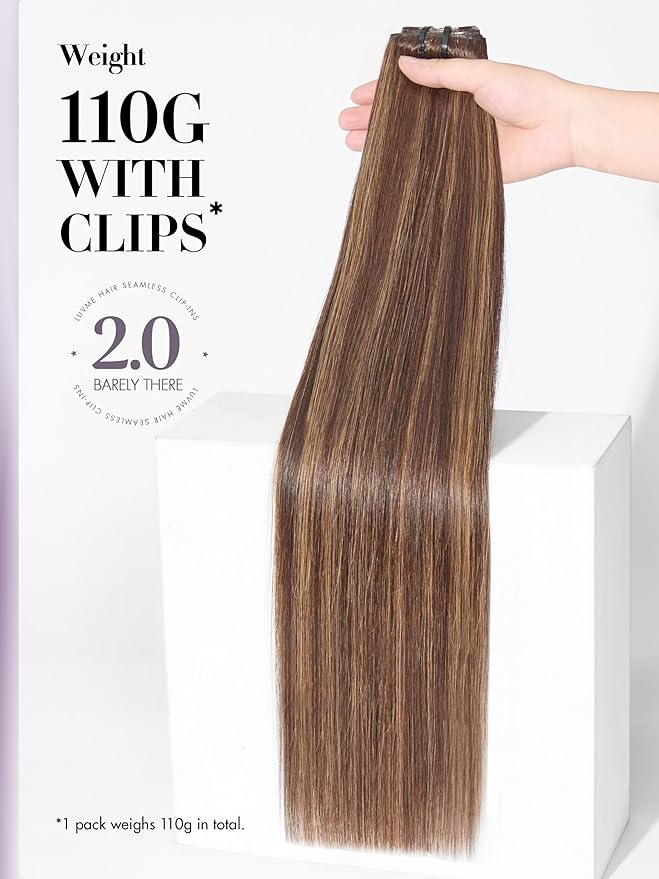 LUVME Invisible Clip in Hair Extensions Real Human Hair, 22 inch 110g 6Pcs, Brown Highlights Human Hair Extensions Clip ins for Women, Natural Seamless Straight Human Hair