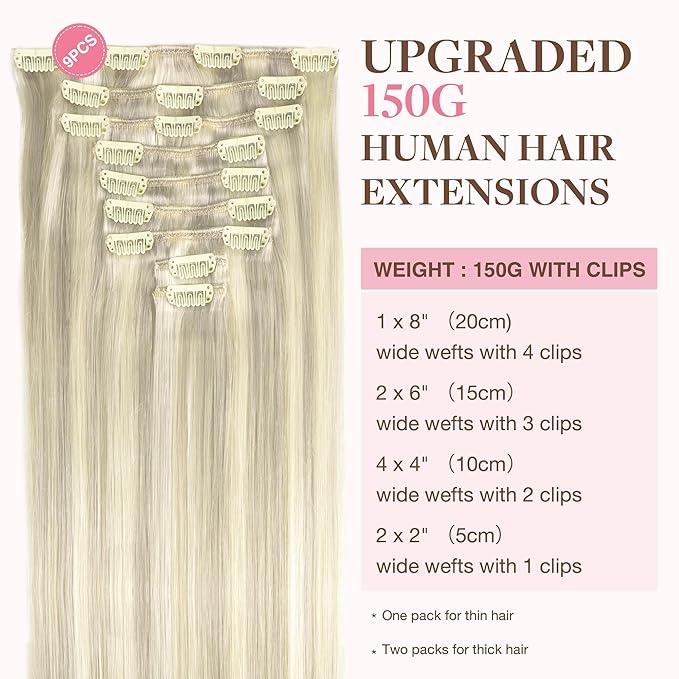 GOO GOO Clip in Hair Extensions Real Human Hair, Remy Human Hair Extensions Clip ins for Women, Natural Human Hair, 14inch 150g 9Pcs, 17A/60A Ash Blonde Highlighted Platinum Blonde