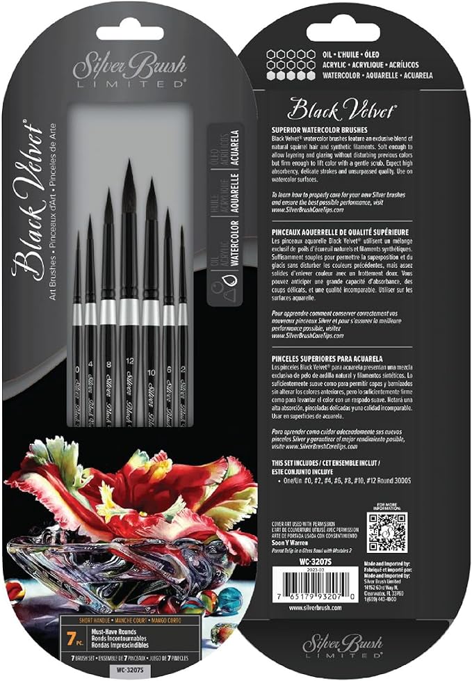 Silver Brush Limited WC-3207s Black Velvet Must-Have Rounds Set, Paintbrushes for Watercolor, Gouache, Inks, & Dyes, Set of 7, Sizes 0, 2, 4, 6, 8, 10, and 12 Round Brushes, Short Handle