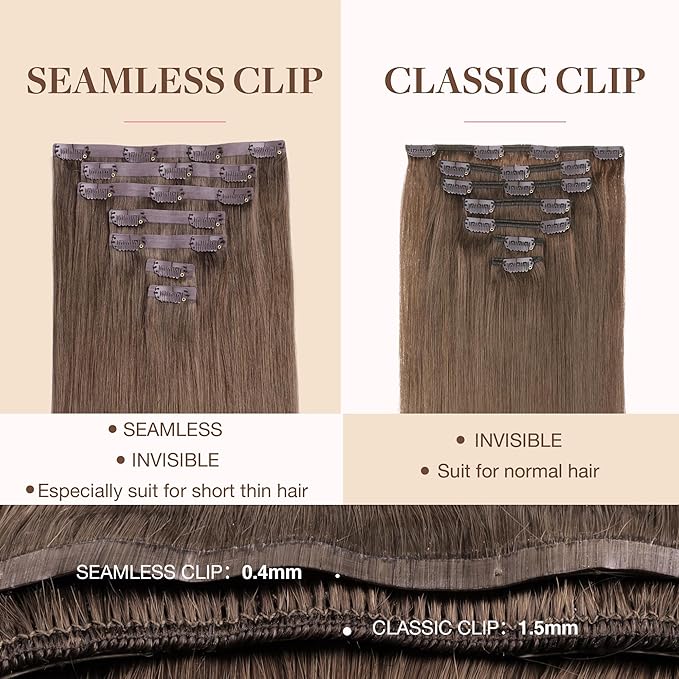 GOO GOO Clip in Hair Extensions Real Human Hair, Remy Human Hair Extensions Clip ins for Women, Natural Human Hair, 20inch 110g 7Pcs, 5 Light Ash Brown