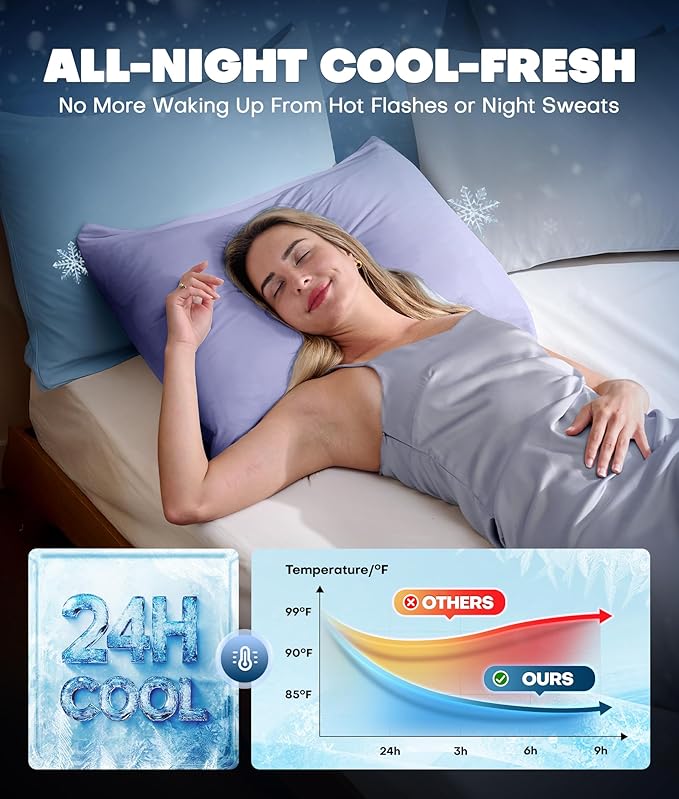 Ultra-Chill Cooling Pillowcase Set of 2 for Hot Sleepers, Softer Than Silk Pillow Cases for Protecting Hair & Skin, Breathable Bed Pillow Covers w/Zipper, Gifts for Women & Men(Purple, King)