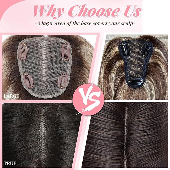 Hair Toppers for Women 12inch Hairpieces with 4x4.8 inch Large Swiss Base Hair Toppers for Hairloss(Medium Brown with Highlight)