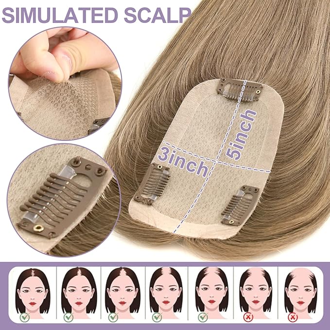 Toppers Hair Pieces for Women #TAC, 3x5 Inch Injected Silk Base 16 Inch Length 130% Density Real Human Hair Toppers