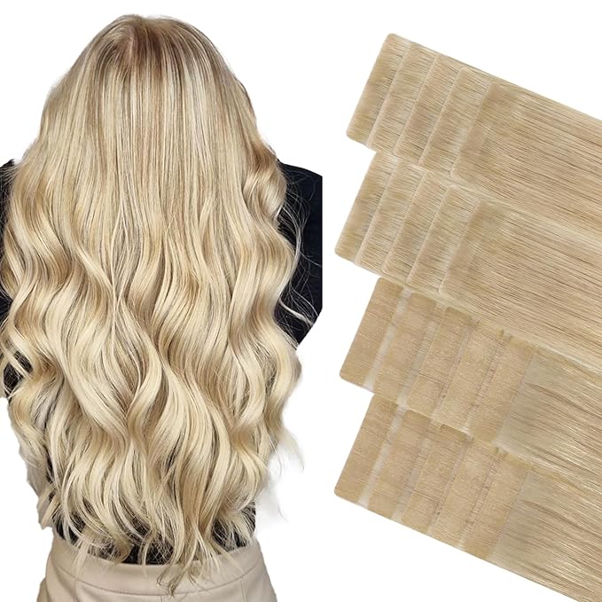 GOO GOO Invisi Edge Tape in Hair Extensions Human Hair, 18ET90A Natural Blonde Balayage 10pcs injected with 10pcs classical tape ins, 10inch 30g, Virgin Remy Hair, Natural Look