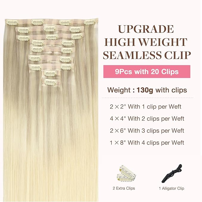 GOO GOO Clip in Hair Extensions Real Human Hair, Remy Human Hair Extensions Clip ins for Women, Natural Human Hair, 14inch 130g 9Pcs, 17/22/60 Balayage Ash Blonde to Golden Blonde and Platinum Blonde