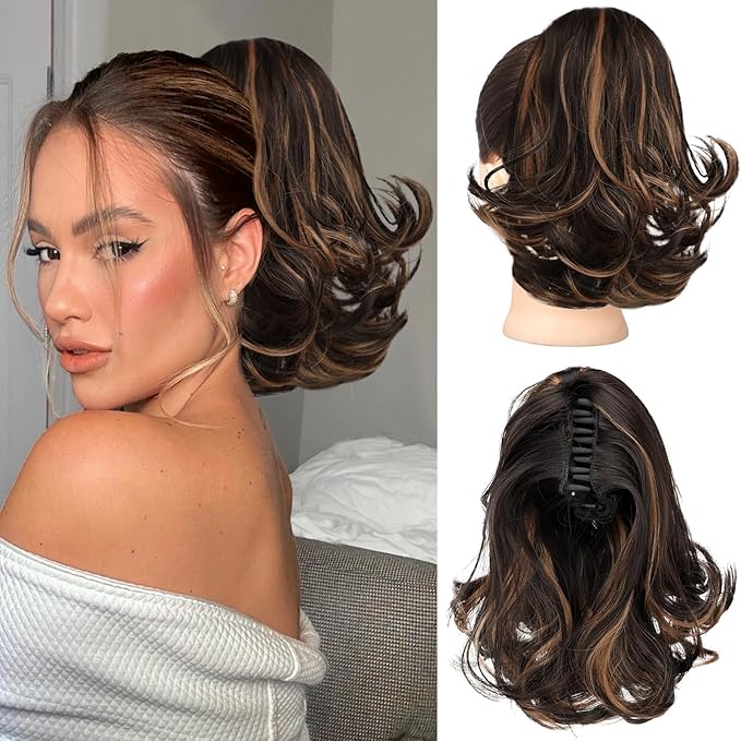 KooKaStyle Ponytail Extension, 10" Short Claw Clip in Pony Tails Hair Extensions Curly Wavy Synthetic Drawstring Hairpieces for Women(Dark Brown with Auburn Highlight)