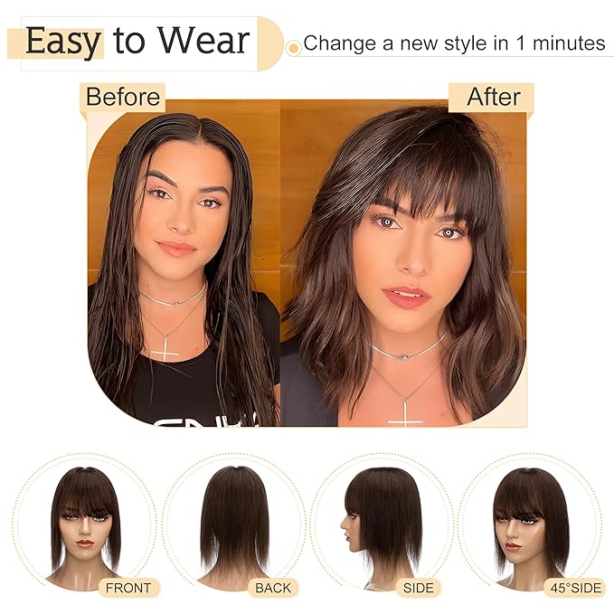 SEGO Hair Toppers for Women Real Human Hair With Bangs, 7 * 13CM Silk Base 100% Remy Human Hair Clip in Top Wiglet Hairpieces Add Volume -6 Inch Dark Brown