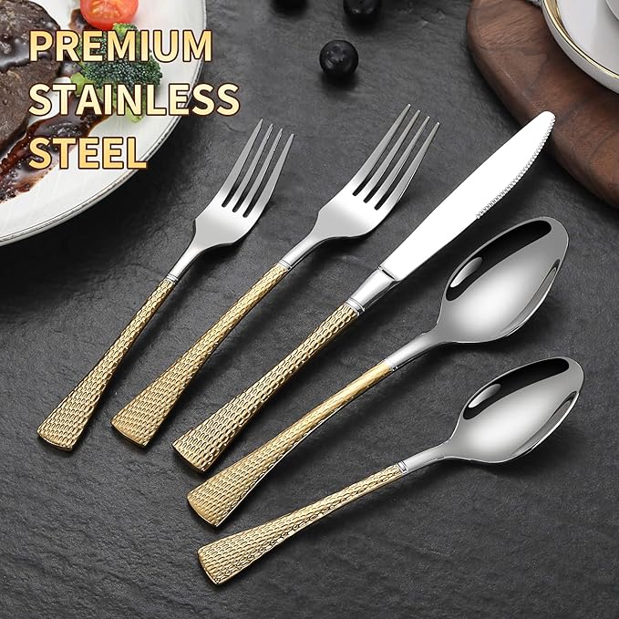 Hammered Silver Gold Silverware Set,20 Piece Modern Flatware Set Service for 4,Mirror Polished Stainless Steel Cutlery Set Utensil Set Tableware,Kitchen Knives Forks Spoons Set,Dishwasher Safe