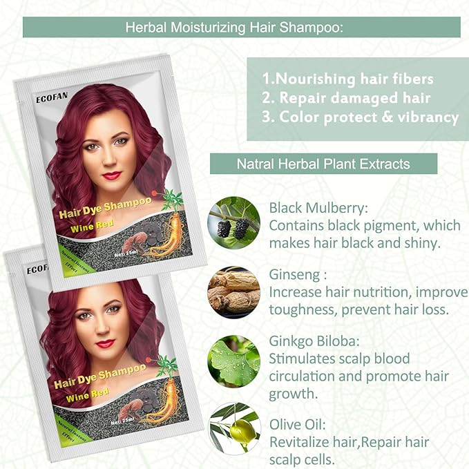 10 PCS Wine Red Hair Dye Shampoo 3 in 1, Long Lasting Hair Color Dye, Semi- Permanent Instant Shampoo for Men & Women - Herbal Ingredients, Easy to Use (Wine red)