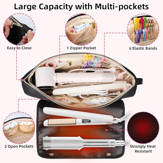 Hair Tools Travel Bag with Heat Resistant Mat, Portable Hair Tool Organizer Travel Carrying Case for Straightener, Flat Iron, Curling Iron, Hair Dryer& Hair Styling Accessories Women (Black)
