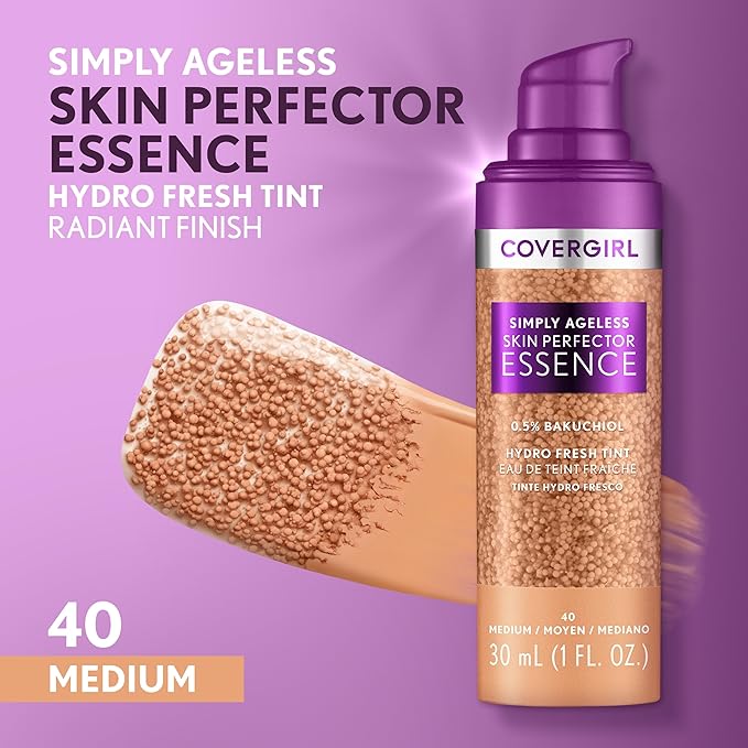 Covergirl Simply Ageless Skin Perfector Essence Foundation, 40 Medium, Tinted Skin Perfector, Skincare Makeup Hybrid, Sheer Tint, Radiant Finish, Skin-Like Finish, Vegan Formula, 1.0oz