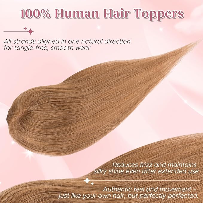 Real Human Hair Toppers for Women 3.54"*4.72" Silky Base 150% Density No Bangs Adjustable Parting Clip-In Topper Hairpieces for Women with Thinning Hair 16 Inches Light Brown
