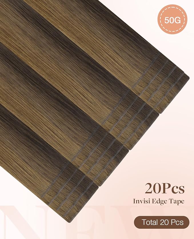 GOO GOO Invisi Edge Tape in Hair Extensions Human Hair, 2C/4E/6C Brown Sugar Swirl Highlights, 20pcs 24inch 50g, Virgin Remy Hair, Seamless Injected Tape, Natural Look