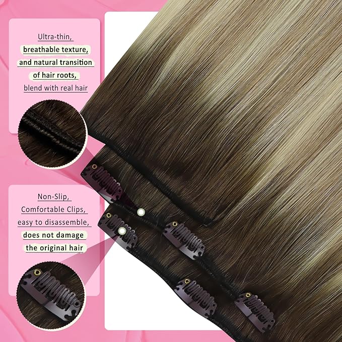 YoungSee Balayage Clip in Hair Extensions Walnut Brown Ombre Light Brown with Blonde Clip in Extensions Balayage Real Hair Extension Clip in Human Hair for Short Hair 12Inch 85G 7Pcs