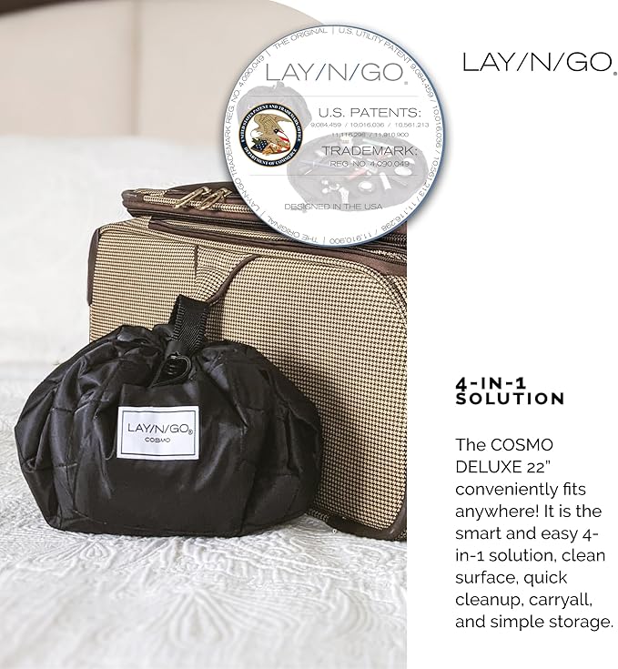Lay-n-Go Cosmo Layflat Cosmetic & Makeup Bag Organizer - Portable Drawstring Bag w/Zipper Pocket, Brush Storage Loops & More - Durable, Machine Washable Toiletry Bag for Travel (22", Black)