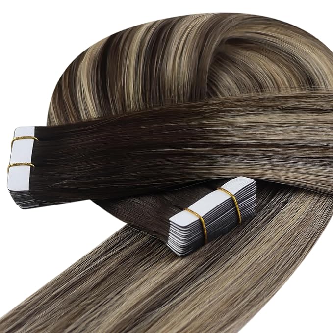 YoungSee Tape in Extensions Human Hair Balayage Tape in Hair Extensions Ombre Dark Brown to Ash Blonde 14 Inch Remy Human Hair Tape-in Extension for Women 20pcs 50g