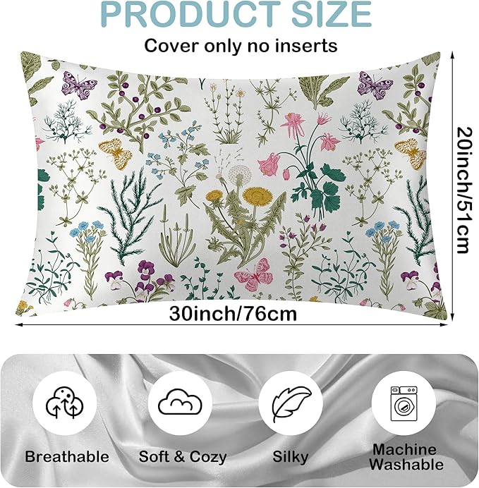 Leaves Herbs and Wildflowers Satin Pillow Case Queen Size,Soft Pillowcases for Hair and Skin Similar to Silk,Pillowcases with Hidden Zipper Bedding Accessories,20X30 Inches,1 Pack