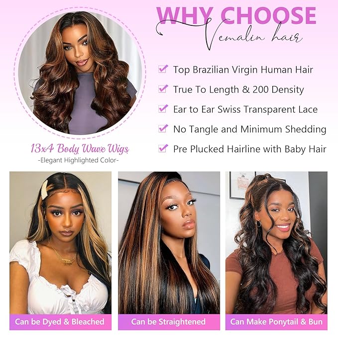 Body Wave Lace Front Wigs Human Hair 1B/30 Highlight Ombre Lace Front Wig Human Hair 13x4 Transparent Lace Frontal Black with Brown Highlight Wig for Women 200 Density Glueless Wigs 24 Inch