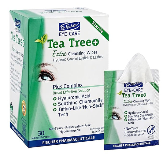 Dr. Fischer Tea Tree Oil Eye Wipes - Eyelid Wipes for Sensitive Eyes with Hyaluronic Acid and Chamomile, Makeup Remover, Daily Cleanser (30 wipes)