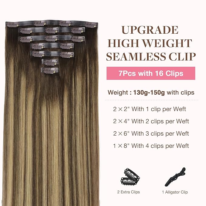 GOO GOO Clip in Hair Extensions Real Human Hair, Remy Human Hair Extensions Clip ins for Women, Natural Human Hair, 16inch 130g 7Pcs, 4/27/4 Balayage Chocolate Brown to Caramel Blonde