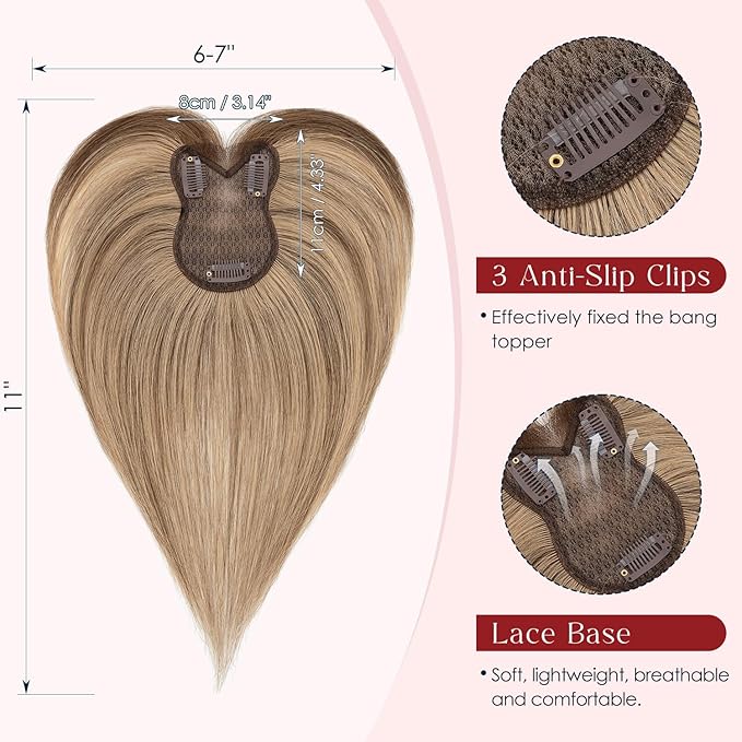 Human Hair Topper with Bangs for Women, 360° Cover Clip in Curtain Bangs Hair Toppers Hair Piece with Highlights 3.15x4.33 Hand-tied Base Medium Brown&Dark Blonde