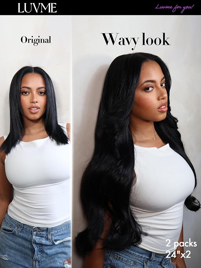 LUVME Body Wave Seamless 2 Pack 220g 14Pcs Clip in Hair Extensions Full Max with 22inch Remy Human Hair Extensions, Natural Black 100% Real Soft Hair