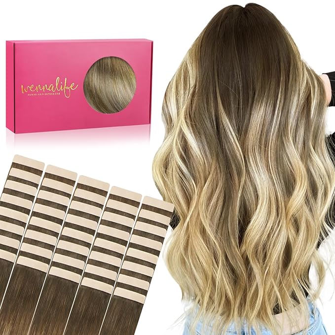 WENNALIFE Tape in Hair Extensions Human Hair, 40pcs 100g 24 inch Ombre Walnut Brown to Ash Brown and Bleach Blonde Hair Extensions Real Human Hair Straight Tape in Extensions Real Human Hair