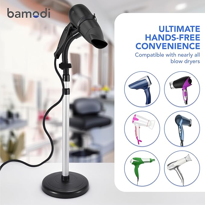 Bamodi Hair Dryer Holder Black - Hands-Free Hair Drying Metal Stand with 360° Rotation, Adjustable Height - Countertop or Wall Mount - Stylish and Convenient Storage Solution for Bathroom