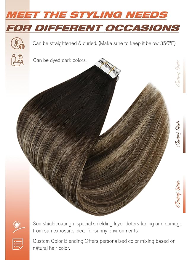 Sunny Hair Tape in Hair Extensions Human Hair, 12 Inch 40Pcs Remy Tape in Extensions Black Balayage Brown Ombre Ash Blonde Hair Extensions Tape in 60g
