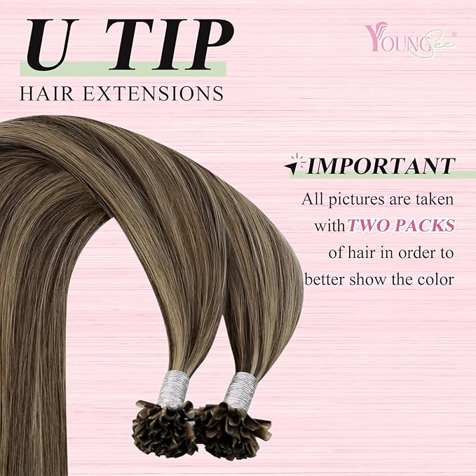 YoungSee U Tip Hair Extensions Human Hair Brown Highlight K Tip Hair Extensions Real Human Hair 24 Inch Keratin Hair Extension Blonde Highlight Utip Extension Dark Brown Highlight Blonde 50s/50g