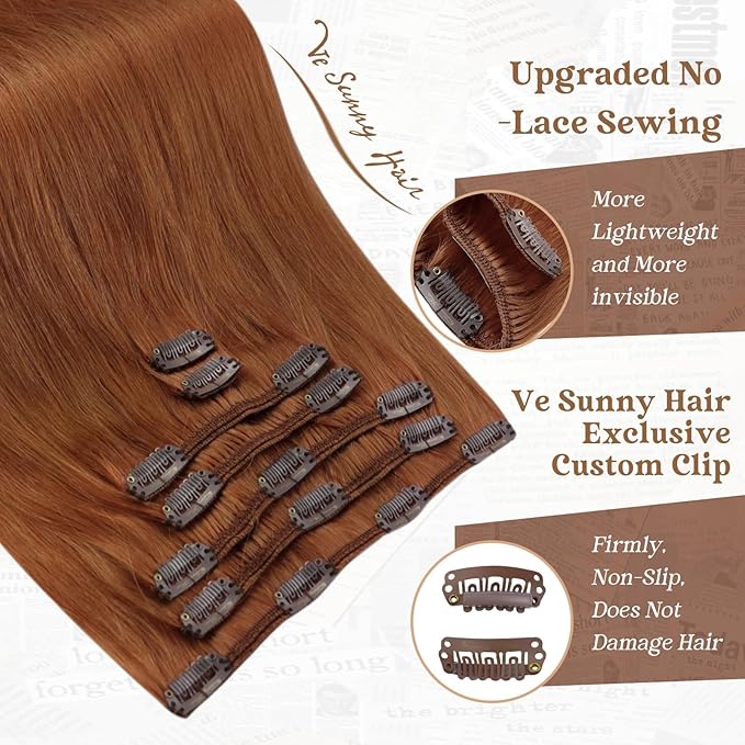 Ve Sunny Human Hair Clip in Extensions Double Weft Ginger Copper Clip on Hair Extensions for Women Short Hair Extensions Real Human Hair 7pcs 14 inch 100g