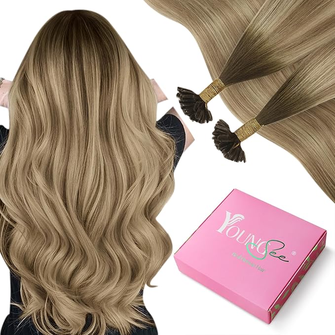 YoungSee U Tip Hair Extensions Balayage Keratin Tip Hair Extensions Balayage 24 Inch Long Utip Hair Extension Dark Brown Ombre Brown with Blonde U-Tips Hair Extension Real Human Hair 50s/50g