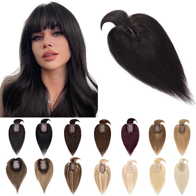SEGO Hair Toppers for Women Real Human Hair With Bangs, 7 * 13CM Silk Base 100% Remy Human Hair Clip in Top Wiglet Hairpieces Add Volume -10 Inch Natural Black