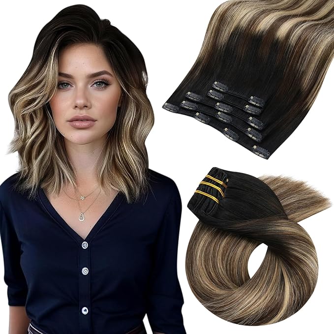 Moresoo Black to Blonde Ombre Clip in Hair Extensions Remy Human Hair Double Weft Short Human Hair Clip in Extensions Ombre Natural Black to Caramel Blonde with Brown 80g/5pcs 12 inch
