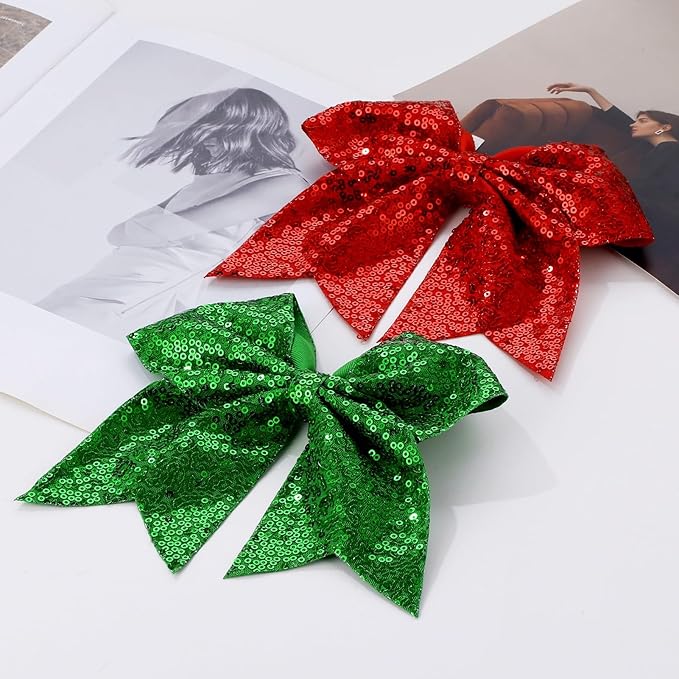 Large Big 7 Inch Glitter Bow Clip Sequin Bling Party Hair Accessories for Women Teens Girls Kids 2 Pcs (Red, Christmas Green)